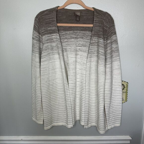 Chico's Cardigan Sweater 2 Striped Long Preppy Large Tan White Open Front - Picture 1 of 6